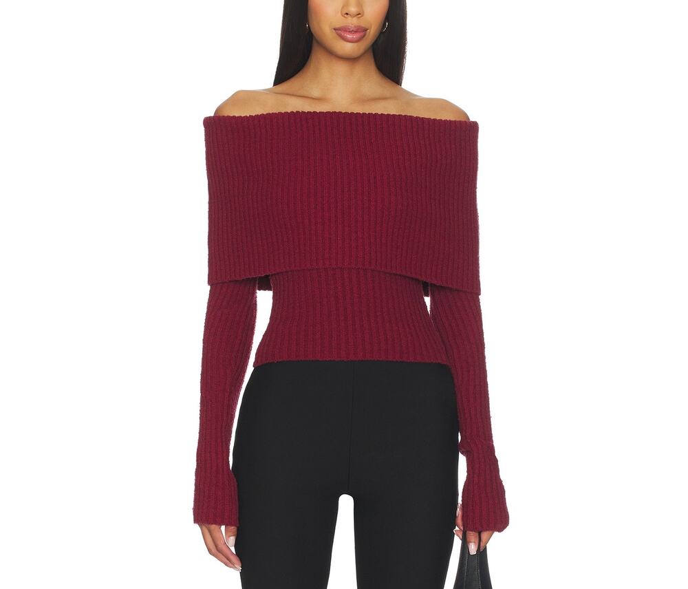 L'Academie Ribbed Burgundy Off-Shoulder Sweater Size S